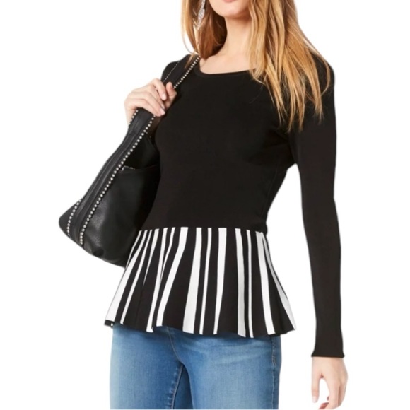 INC International Concepts Tops - INC International Concepts Black & White Striped Peplum Top Small Long Sleeve